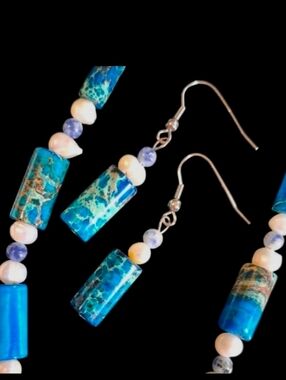 Blue Jasper, Sodalite & Freshwater Pearl Ocean Wave Jewelry Set